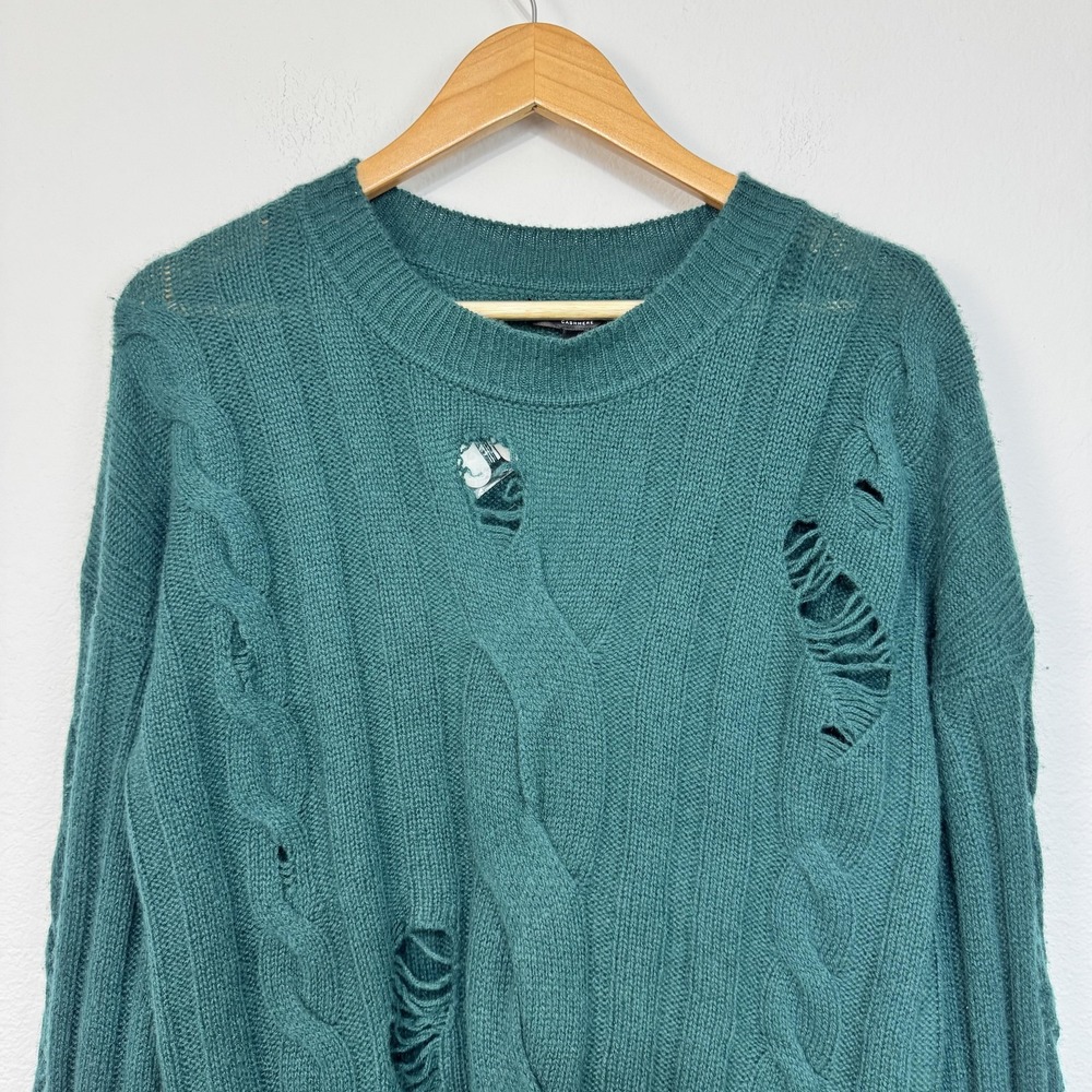 Aqua Cashmere Sweater Women's Medium Green Distressed Cable Knit Pullover Grunge - Picture 2 of 15